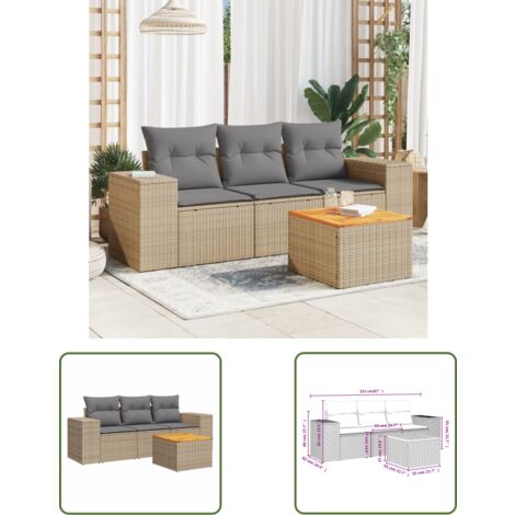 The Living Store Salon de jardin avec coussins 4 pcs beige résine tressée - Ensemble Salon De Jardin - Meuble Extérieur - Résine Tressée - Rotin Synthétique - Fauteuil Jardin