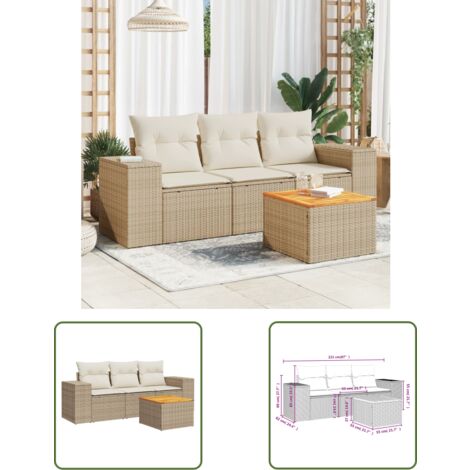 The Living Store Salon de jardin avec coussins 4 pcs beige résine tressée - Ensemble Salon De Jardin - Meuble Extérieur - Résine Tressée - Rotin Synthétique - Fauteuil Jardin