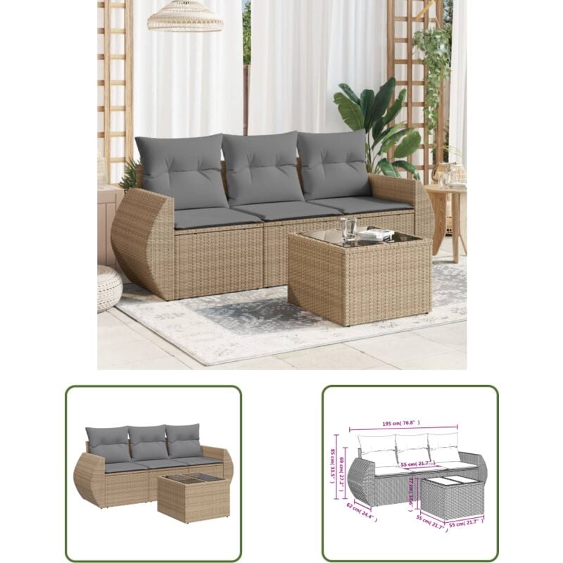Salon de jardin avec coussins 4 pcs beige résine tressée - Ensemble Salon Jardin - Mobilier De Jardin - Canapé Jardin - Set Salon Exterieur - Chaise