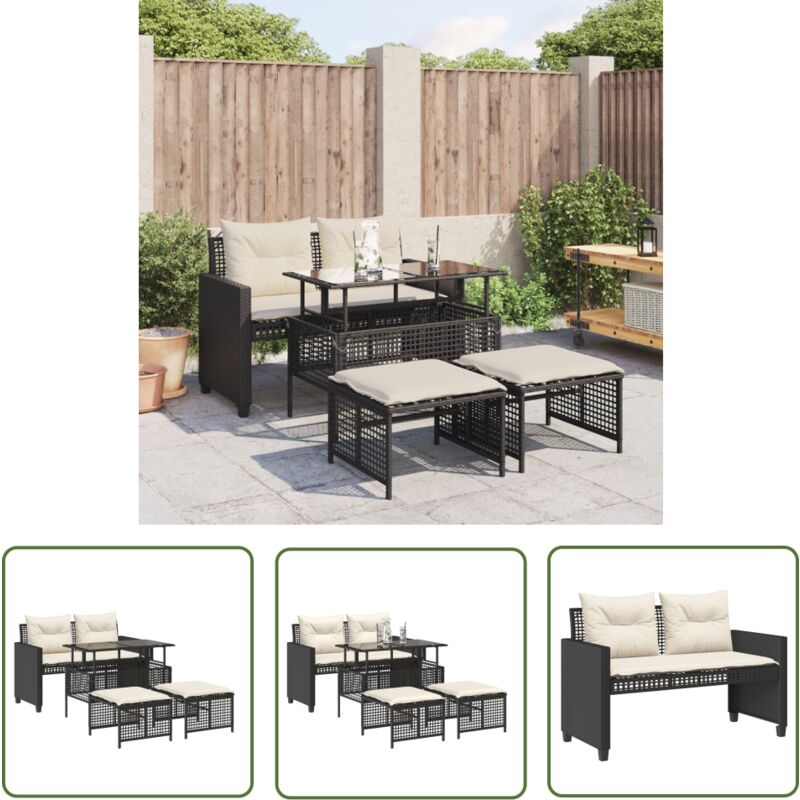 Salon de jardin avec coussins 4 pcs noir résine tressée verre - Canapé Jardin - Salon De Jardin - Set Jardin - Meuble Extérieur - Table Extensible