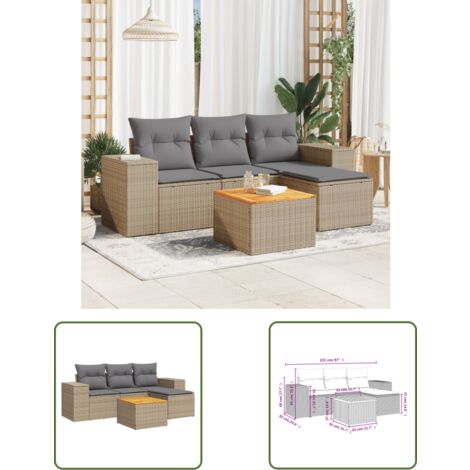 The Living Store Salon de jardin avec coussins 5 pcs beige résine tressée - Ensemble Salon De Jardin - Meuble De Jardin - Jardin Extérieur - Mobilier De Jardin - Chaise Lounge
