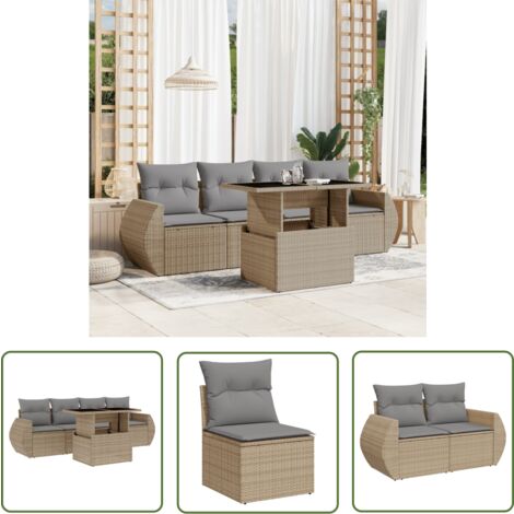 The Living Store Salon de jardin avec coussins 5 pcs beige résine tressée - Ensemble Salon De Jardin - Meuble Extérieur - Jardin Design - Mobilier De Jardin - Chaise Lounge
