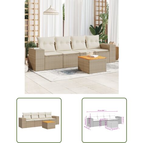 The Living Store Salon de jardin avec coussins 5 pcs beige résine tressée - Ensemble Salon De Jardin - Meuble Extérieur - Résine Tressée - Rotin Synthétique - Fauteuil Jardin