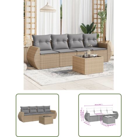 The Living Store Salon de jardin avec coussins 5 pcs beige résine tressée - Ensemble Salon De Jardin - Mobilier De Jardin - Canapé Jardin - Set Salon Exterieur - Chaise Lounge