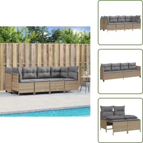 The Living Store Salon de jardin avec coussins 5 pcs beige résine tressée - Ensemble Salon De Jardin - Salon De Jardin Extérieur - Mobilier De Jardin - Chaise Lounge - Pouf Pliable