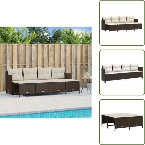 The Living Store Salon de jardin avec coussins 5 pcs marron résine tressée - Salon De Jardin - Mobilier De Jardin - Salon Extérieur - Set De Canapés - Poufs