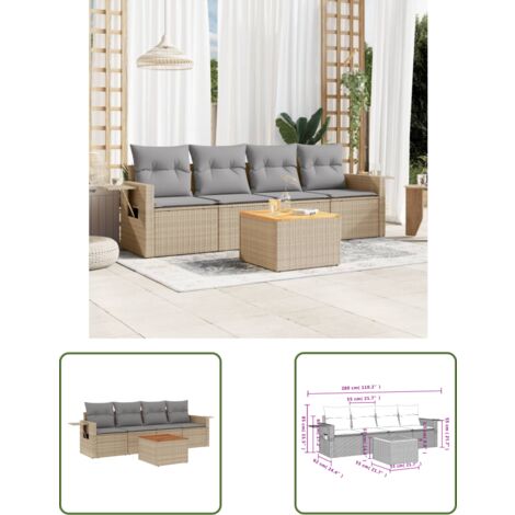 The Living Store Salon de jardin avec coussins 5pcs mélange beige résine tressée - Ensemble Salon De Jardin - Meuble Extérieur - Résine Tressée - Rotin Synthétique - Fauteuil Jardin