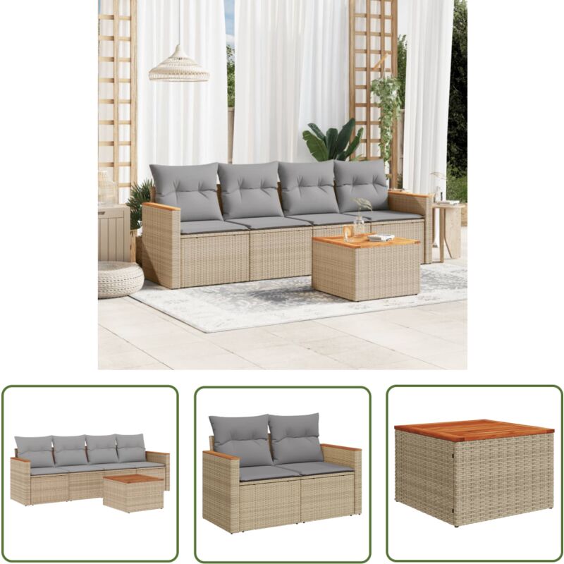 The Living Store Salon de jardin avec coussins 5pcs mélange beige résine tressée - Ensemble Salon De Jardin - Mobilier De Jardin - Salon Extérieur