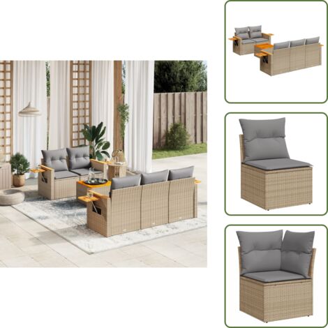The Living Store Salon de jardin avec coussins 6 pcs beige résine tressée - Ensemble Salon De Jardin - Meuble Extérieur - Jardin Design - Mobilier De Jardin - Chaise Lounge