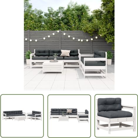 The Living Store Salon de jardin avec coussins 6 pcs blanc bois de pin massif - Salon De Jardin - Mobilier De Jardin - Set De Salon De Jardin - Meubles De Jardin - Bois De Pin