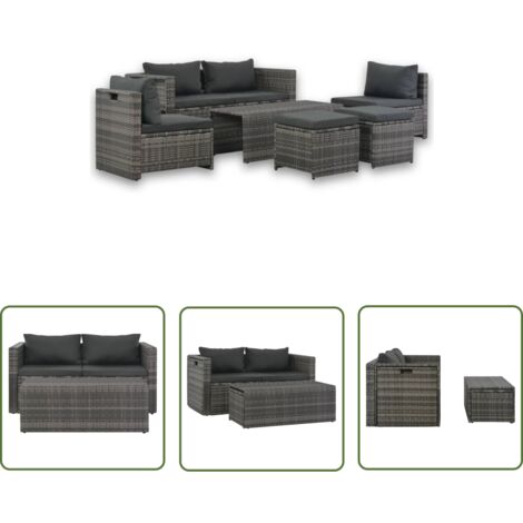 The Living Store Salon de jardin avec coussins 6 pcs Résine tressée Gris - Salon De Jardin - Meuble De Jardin - Salon Extérieur - Set De Salon - Canapé D'angle