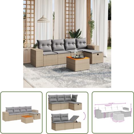 The Living Store Salon de jardin avec coussins 6pcs mélange beige résine tressée - Ensemble Salon De Jardin - Mobilier Extérieur - Canapé Jardin - Table Basse Jardin - Chaise Lounge