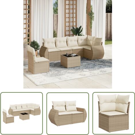 The Living Store Salon de jardin avec coussins 7 pcs beige résine tressée - Ensemble Salon De Jardin - Meuble De Jardin - Jardin Design - Mobilier Exterieur - Chaise Longue