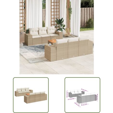 The Living Store Salon de jardin avec coussins 7 pcs beige résine tressée - Ensemble Salon De Jardin - Meuble Extérieur - Résine Tressée - Rotin Synthétique - Fauteuil Jardin