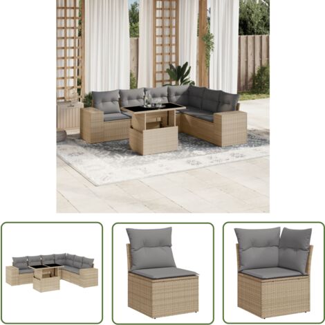 The Living Store Salon de jardin avec coussins 7 pcs beige résine tressée - Ensemble Salon De Jardin - Meuble Extérieur - Salon De Jardin Pliable - Table Extensible - Chaise Lounge