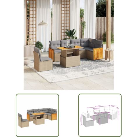 The Living Store Salon de jardin avec coussins 7 pcs beige résine tressée - Ensemble Salon De Jardin - Mobilier De Jardin - Canapé Extérieur - Set De Salon - Chaise Longue
