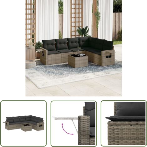 The Living Store Salon de jardin avec coussins 7 pcs gris résine tressée - Ensemble Salon De Jardin - Meuble De Jardin - Canapé D'extérieur - Set De Salon - Chaise Longue