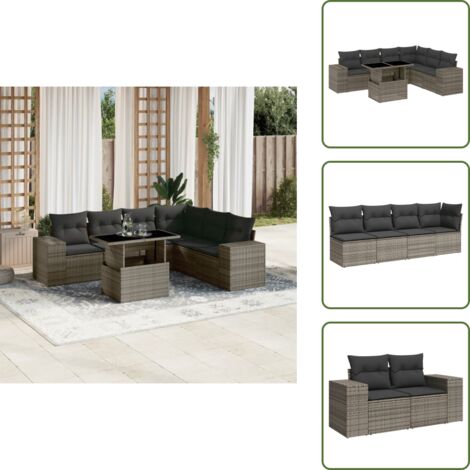 The Living Store Salon de jardin avec coussins 7 pcs gris résine tressée - Ensemble Salon De Jardin - Meuble Extérieur - Jardin Design - Mobilier De Jardin - Chaise Lounge