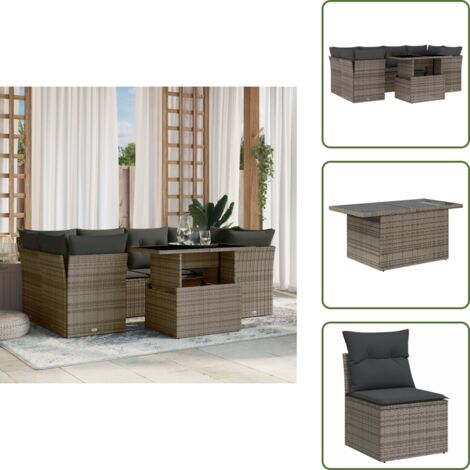 The Living Store Salon de jardin avec coussins 7 pcs gris résine tressée - Ensemble Salon De Jardin - Meuble Extérieur - Table Extensible - Chaise Lounge - Canapé D'extérieur