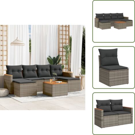 The Living Store Salon de jardin avec coussins 7 pcs gris résine tressée - Ensemble Salon De Jardin - Mobilier De Jardin - Canapé Extérieur - Chaise Lounge - Table Basse Extérieure