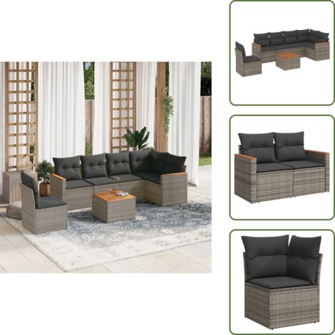 The Living Store Salon de jardin avec coussins 7 pcs gris résine tressée - Ensemble Salon De Jardin - Mobilier De Jardin - Canapé Extérieur - Set De Jardin - Chaise Lounge