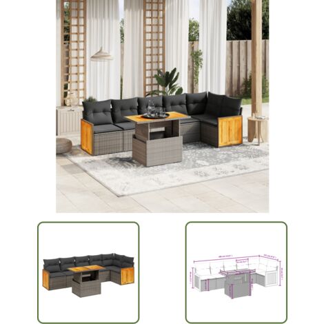 The Living Store Salon de jardin avec coussins 7 pcs gris résine tressée - Ensemble Salon De Jardin - Mobilier De Jardin - Canapé Extérieur - Table De Jardin - Chaise Lounge