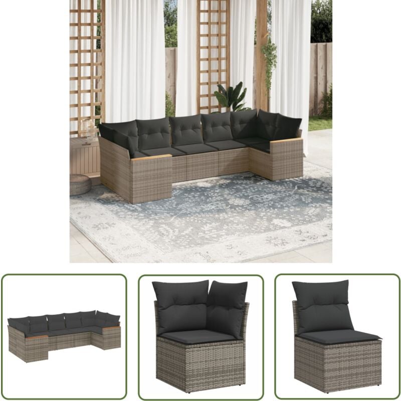 Salon de jardin avec coussins 7 pcs gris résine tressée - Ensemble Salon De Jardin - Mobilier De Jardin - Salon Extérieur - Résine Tressée - Fauteuil