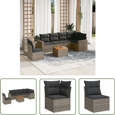 The Living Store Salon de jardin avec coussins 7 pcs gris résine tressée - Ensemble Salon De Jardin - Mobilier De Jardin - Salon Extérieur - Set De Jardin - Chaise Lounge