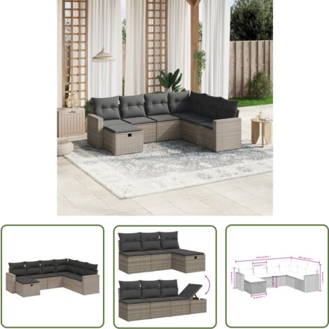 The Living Store Salon de jardin avec coussins 7 pcs gris résine tressée - Ensemble Salon De Jardin - Salon De Jardin Extérieur - Mobilier De Jardin - Canapé Jardin - Chaise Lounge