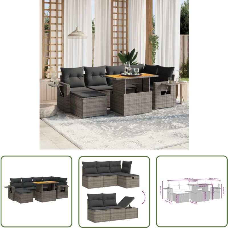 Salon de jardin avec coussins 7 pcs gris résine tressée - Ensemble Salon Jardin - Meuble Extérieur - Résine Tressée - Rotin Synthétique - Table