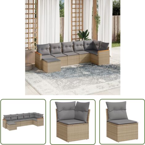The Living Store Salon de jardin avec coussins 7pcs mélange beige résine tressée - Ensemble Salon De Jardin - Mobilier De Jardin - Canapé Extérieur - Chaise Longue - Set Salon De Jardin