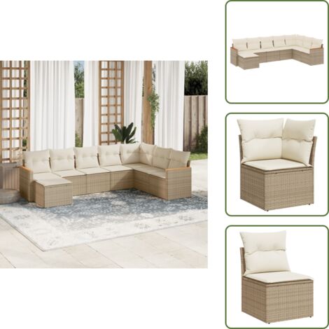 The Living Store Salon de jardin avec coussins 8 pcs beige résine tressée - Ensemble Salon De Jardin - Mobilier De Jardin - Canapé Extérieur - Chaise Longue - Set Salon Extérieur