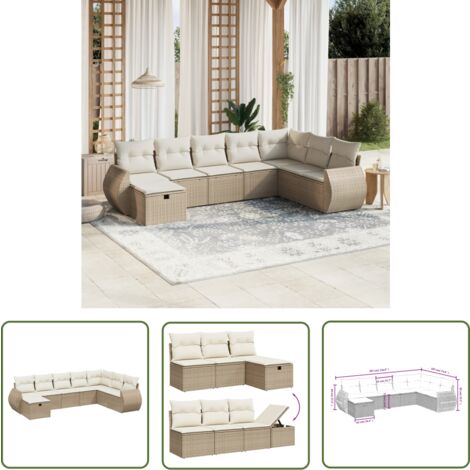 The Living Store Salon de jardin avec coussins 8 pcs beige résine tressée - Ensemble Salon De Jardin - Mobilier De Jardin - Salon Extérieur - Canapé Jardin - Chaise Lounge