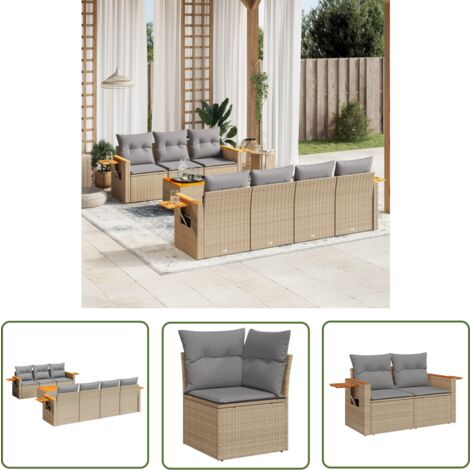 The Living Store Salon de jardin avec coussins 8 pcs beige résine tressée - Ensemble Salon Jardin - Meuble Extérieur - Résine Tressée - Rotin Synthétique - Acacia