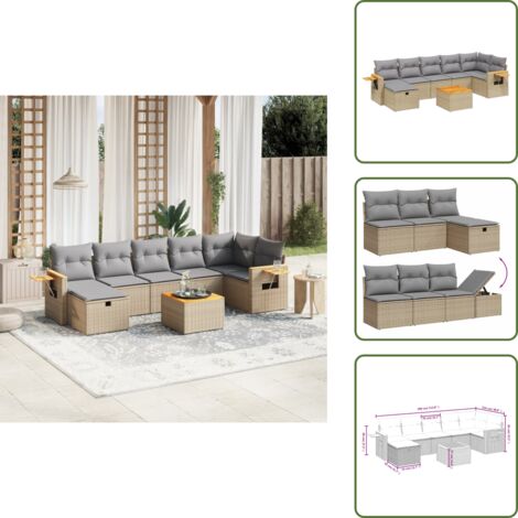 The Living Store Salon de jardin avec coussins 8pcs mélange beige résine tressée - Ensemble Salon De Jardin - Mobilier Extérieur - Meubles De Jardin - Chaise Longue - Set Salon