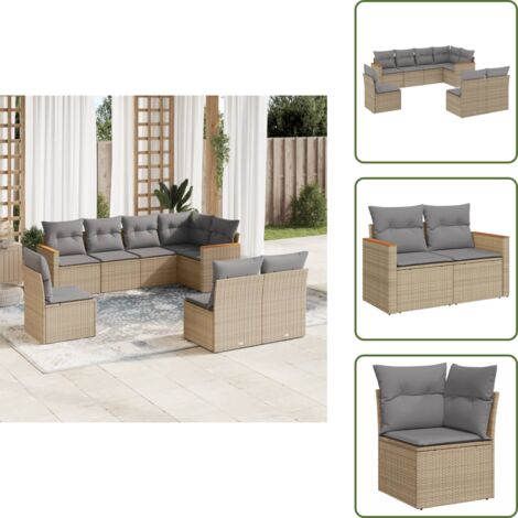 The Living Store Salon de jardin avec coussins 8pcs mélange beige résine tressée - Salon De Jardin - Mobilier Extérieur - Résine Tressée - Set Salon - Chaise Longue