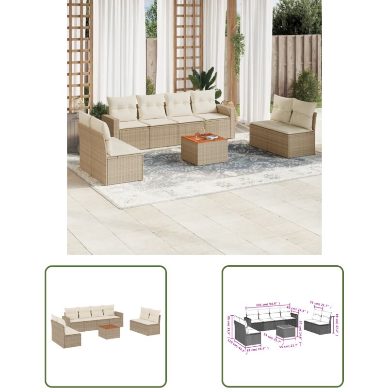 Salon de jardin avec coussins 9 pcs beige résine tressée - Ensemble Salon De Jardin - Meuble De Jardin - Salon Extérieur - Résine Tressée - Rotin