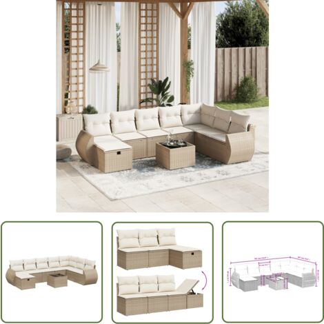 The Living Store Salon de jardin avec coussins 9 pcs beige résine tressée - Ensemble Salon De Jardin - Mobilier De Jardin - Canapé D'extérieur - Chaise De Jardin - Table Basse Extérieure