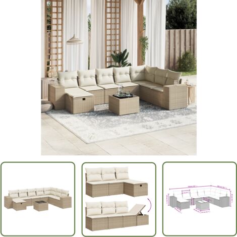 The Living Store Salon de jardin avec coussins 9 pcs beige résine tressée - Ensemble Salon De Jardin - Mobilier De Jardin - Canapé D'extérieur - Chaise De Jardin - Table Basse Extérieure