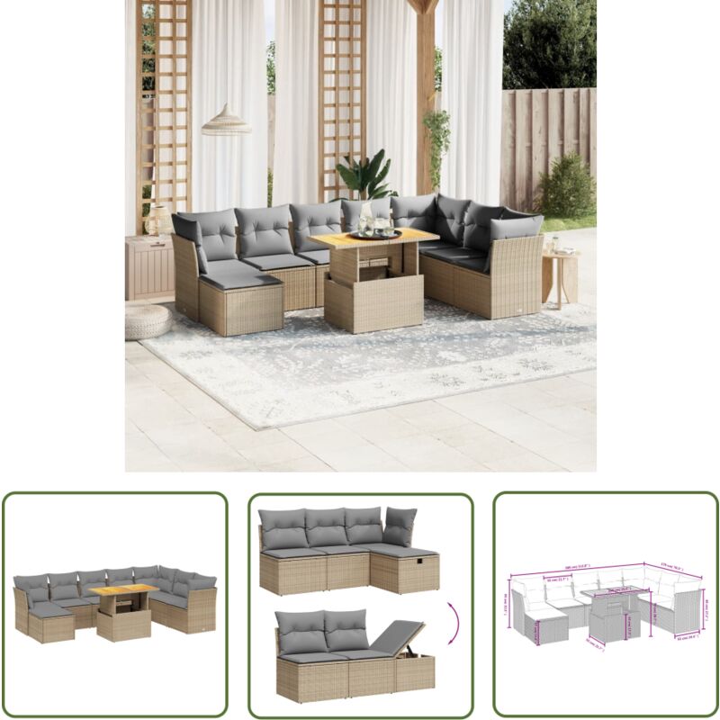 The Living Store Salon de jardin avec coussins 9 pcs beige résine tressée - Ensemble Salon De Jardin - Mobilier De Jardin - Salon Extérieur - Résine