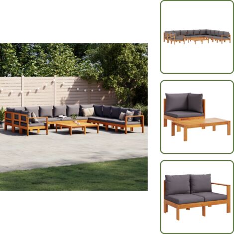 The Living Store Salon de jardin avec coussins 9 pcs bois massif d'acacia - Meubles d'extérieur