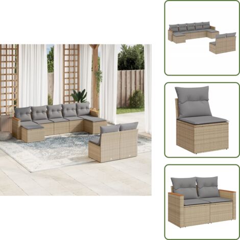 The Living Store Salon de jardin avec coussins 9pcs mélange beige résine tressée - Ensemble Salon De Jardin - Mobilier Extérieur - Canapé Jardin - Chaise Lounge - Set Salon De Jardin