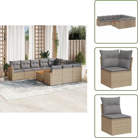 The Living Store Salon de jardin et coussins 11 pcs mélange beige résine tressée - Ensemble Salon De Jardin - Mobilier De Jardin - Canapé Extérieur - Table Basse Jardin - Chaise Lounge