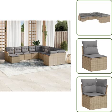 The Living Store Salon de jardin et coussins 11 pcs mélange beige résine tressée - Ensemble Salon De Jardin - Mobilier Extérieur - Canapé Jardin - Chaise Lounge - Set Salon