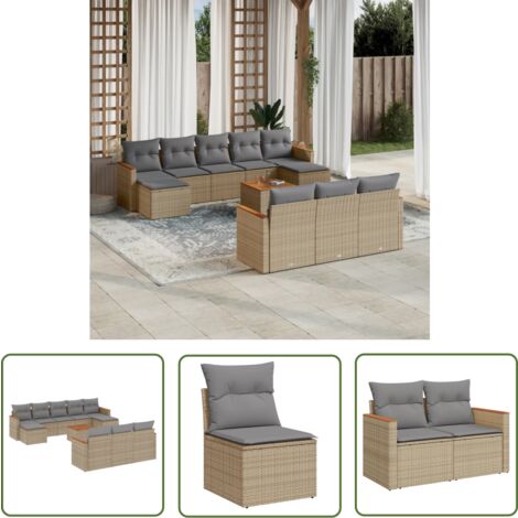 The Living Store Salon de jardin et coussins 11 pcs mélange beige résine tressée - Ensemble Salon Jardin - Mobilier Extérieur - Meubles De Jardin - Salon De Jardin - Chaise Lounge