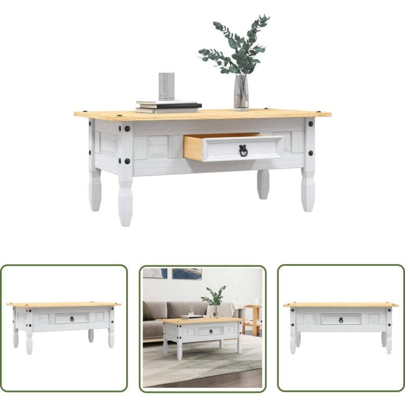 The Living Store - Table basse Pin mexicain Gamme Corona Blanc 100x55x44 cm - Table Basse - Table D'appoint - Meubles Mexicains - Style Corona