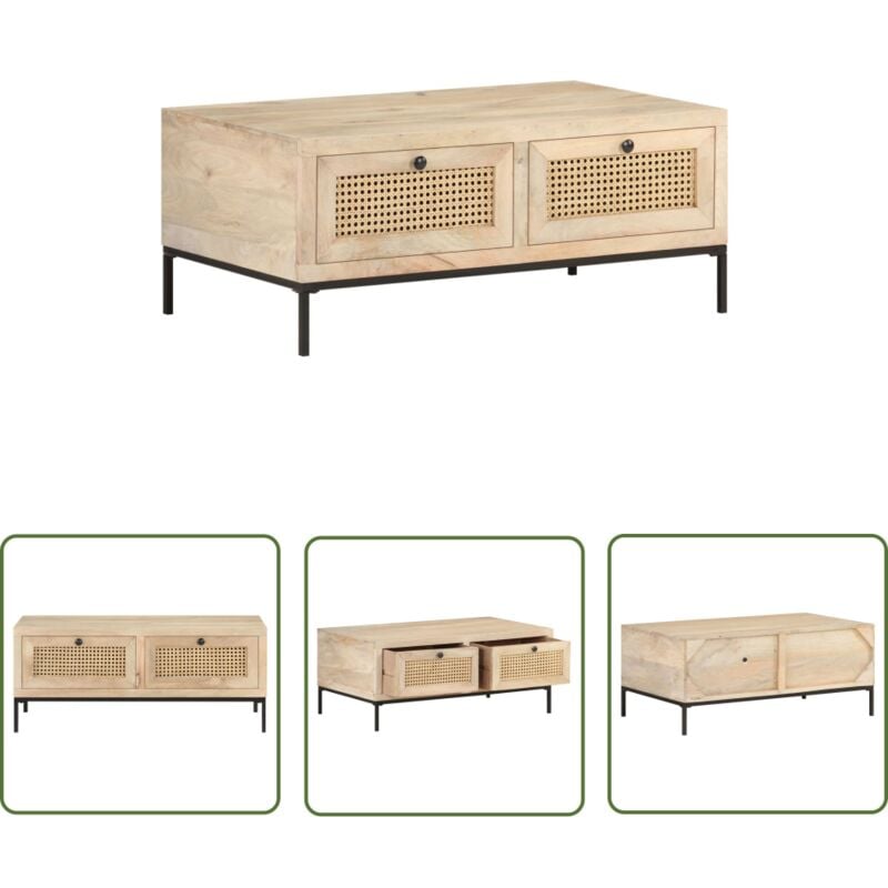 The Living Store Table basse 90x50x37 cm Bois de manguier et canne naturelle - Table Basse - Meuble Rustique - Bois De Manguier - Design Vintage