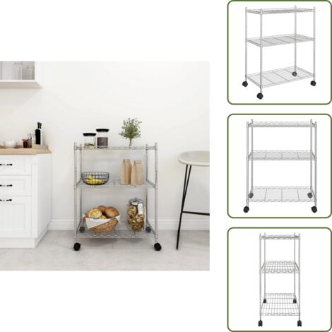 The Living Store Scaffale a 3 Livelli con Ruote 60x35x81 cm Cromato 150 kg - Scaffale con ruote
