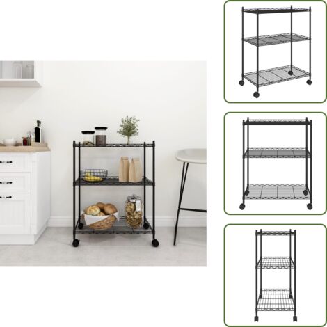 The Living Store Scaffale a 3 Livelli con Ruote 60x35x81 cm Nero 150 kg - Scaffale con ruote