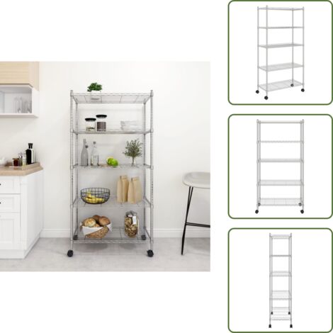 The Living Store Scaffale a 5 Livelli con Ruote 75x35x155 cm Cromato 250 kg - Scaffale con ruote